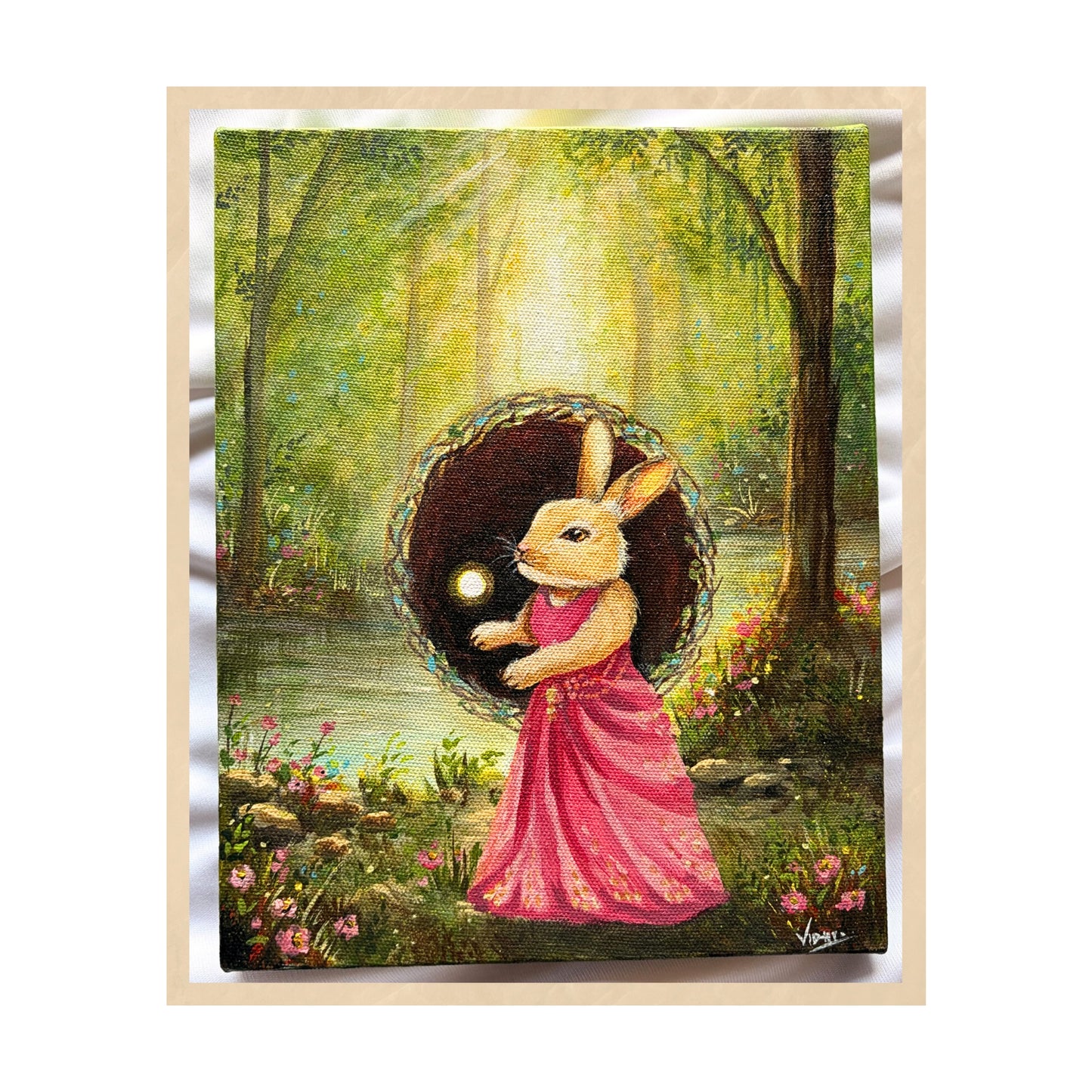 A graceful female rabbit with luminescent firefly